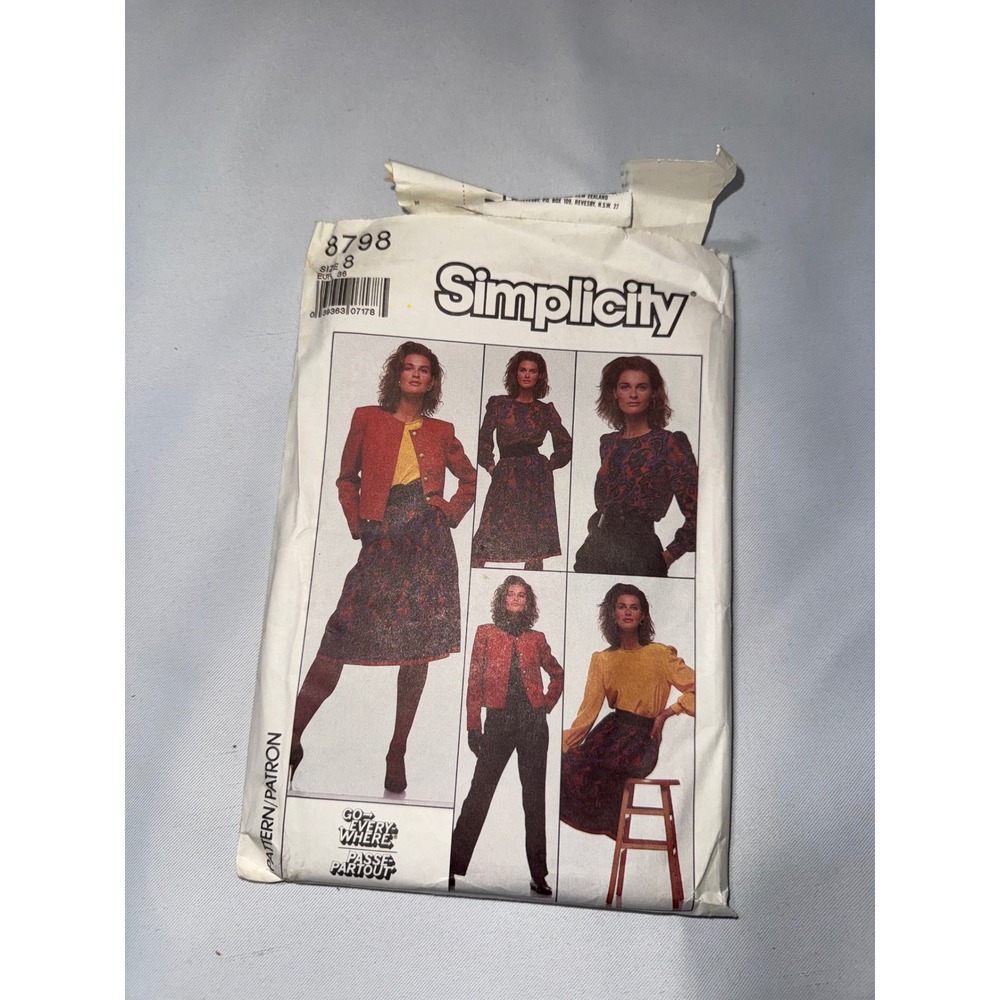 Simplicity 8798 Sewing Pattern Misses Skirt Pants Shirt Blouse Jacket Size 8 VTG